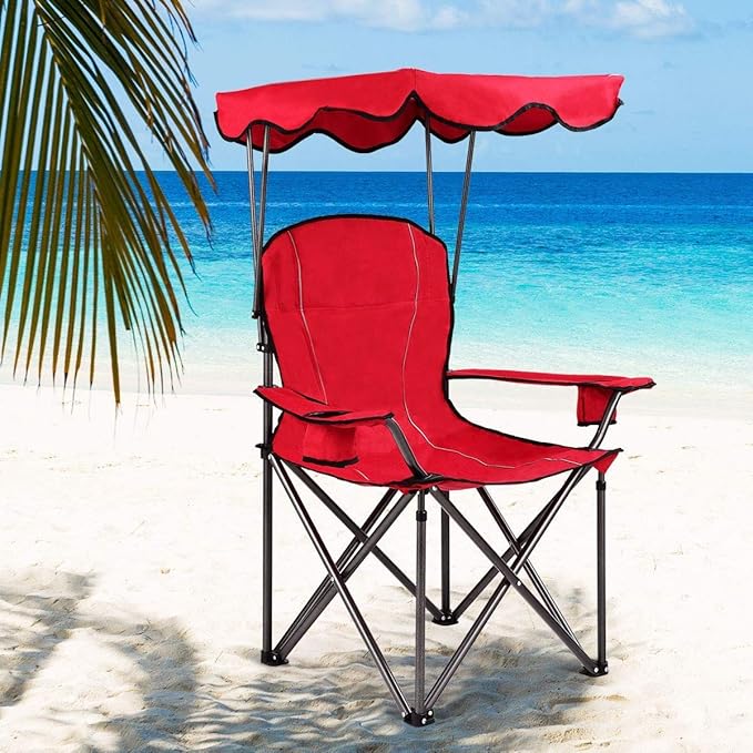 Goplus Camping Chair with Canopy Shade Folding Lawn Chair with Umbrella Cup Holder &amp Carry Bag Portable Sunshade Chair for Adults for Beach Outdoor Travel Hiking Fishing (Red)
