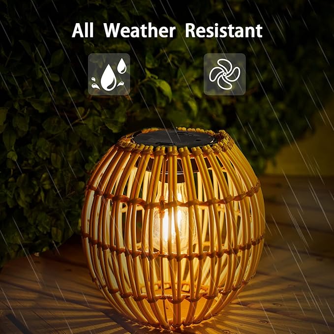 Livinlarge Hanging Solar Lantern Outdoor Waterproof Large Solar Rattan Lantern Outdoor with Twine Handle Bright Outdoors Hanging Lights with Edison Bulb for Garden Patio Yard Decoration