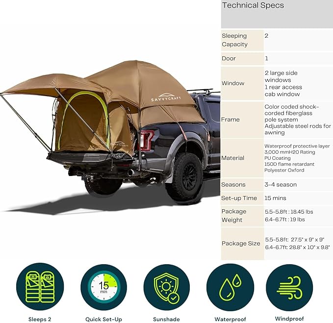 Savvycraft Pickup Truck Tent for Full Size and Mid Size Truck Short Bed and Long Bed Waterproof P3000mm 2-Person Double Layer Truck Bed Camping Tent Expandable Awning Rainfly Storage Bag Included
