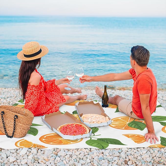 Waterproof Sandproof Beach Blanket 59''×68'' Orange Polyester Outdoor Picnic Blanket with 4 Stakes &amp Storage Bag for BeachCampingVacation White Bottom