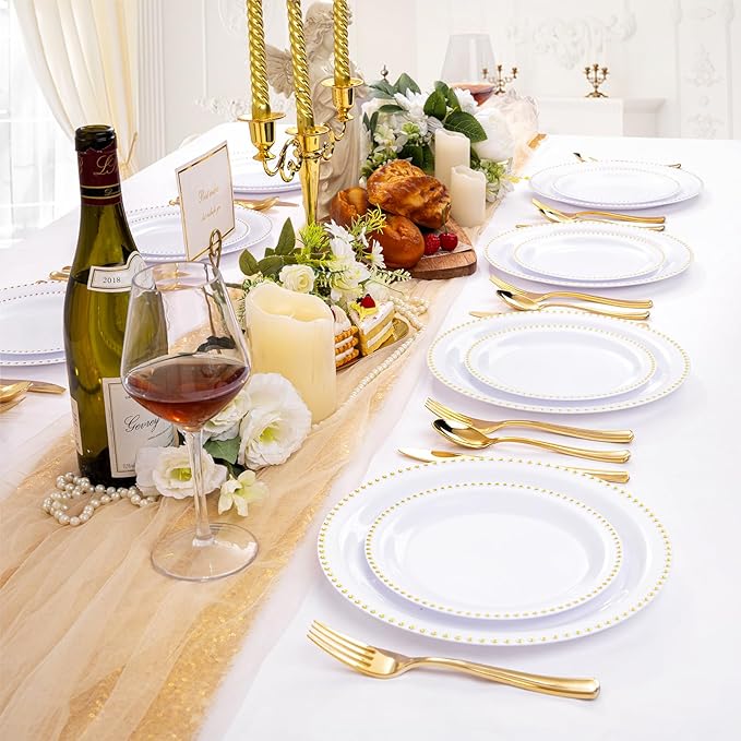 Rubtlamp 60Pcs White Gold Plastic Plates White Disposable Plates With Gold Beaded Heavyduty Plastic Plates Include 30 Dessert Platos 30 Dinner Platos for Party