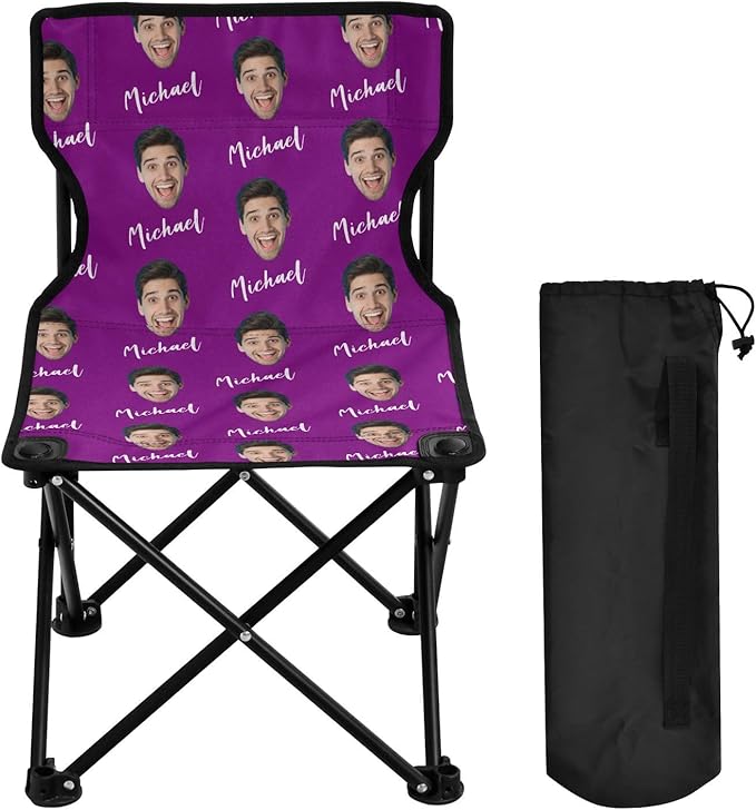 Sinestour Purple Custom Photo Folding Camping Chair for Teen Child Personalized Name 14.6×14.6in Portable Outdoor Chair with Carry Bag for Picnic Lawn Travel