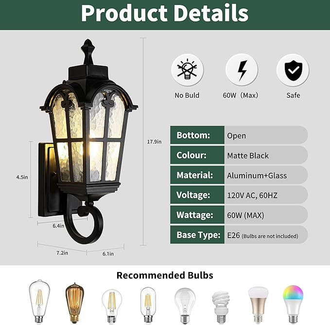Outdoor Wall Light Fixtures Waterproof Porch Lights Anti-Rust Matte Black Exterior Lighting Fixtures Sconce Lights Outdoor Wall Lantern for Patio Front Door Garage