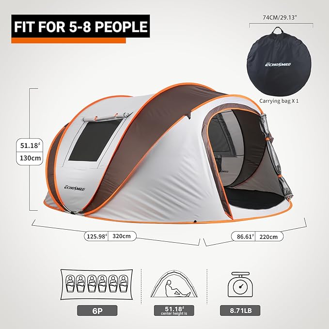 EchoSmile Instant Pop Up Camping Tent 2/4/6 Person Easy Setup Tent Water Resistant Dome Portable with Carry Bag