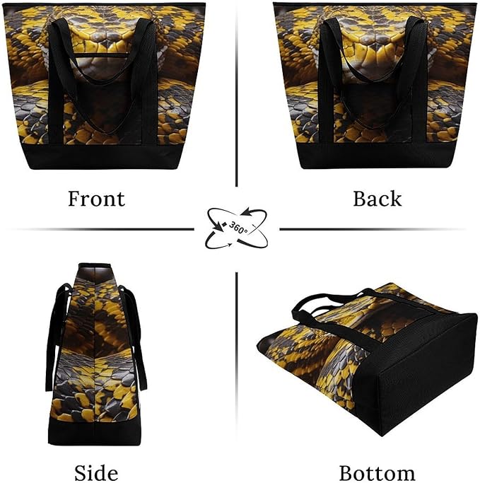 Insulated Shopping BagLarge Reusable Cooler Bags Yellow Snake Printed Foldable Shopping BagTravel Waterproof Shoulder Bag