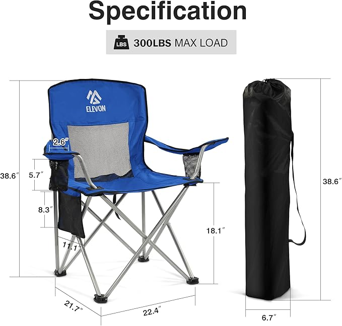 Elevon Camping Chair Portable Folding Outdoor Chair with Arms Cup Holder and Carry Bag