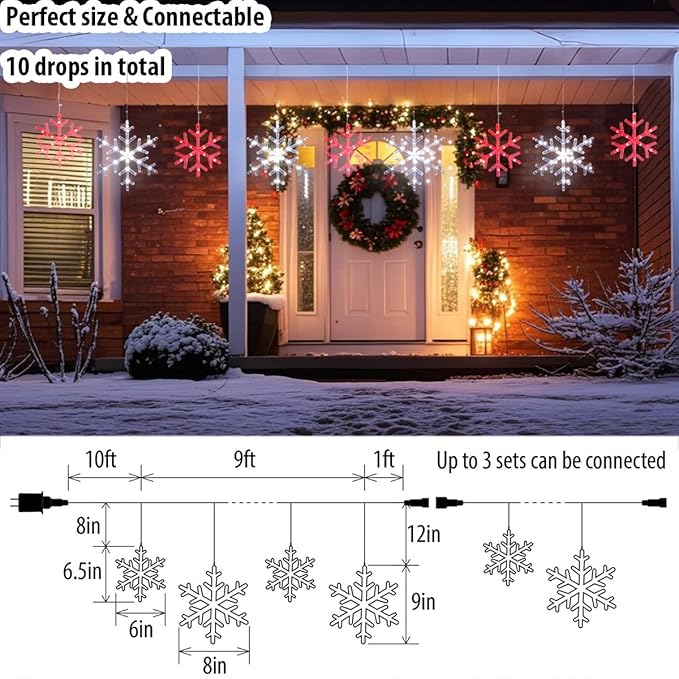 Christmas Snowflake Icicle Lights-9ft 150LED Twinkling Christmas Lights with Timer Waterproof Connectable Hanging 10 Drop for Eave Window Porch Xmas Indoor Outdoor Decoration (Red and White)