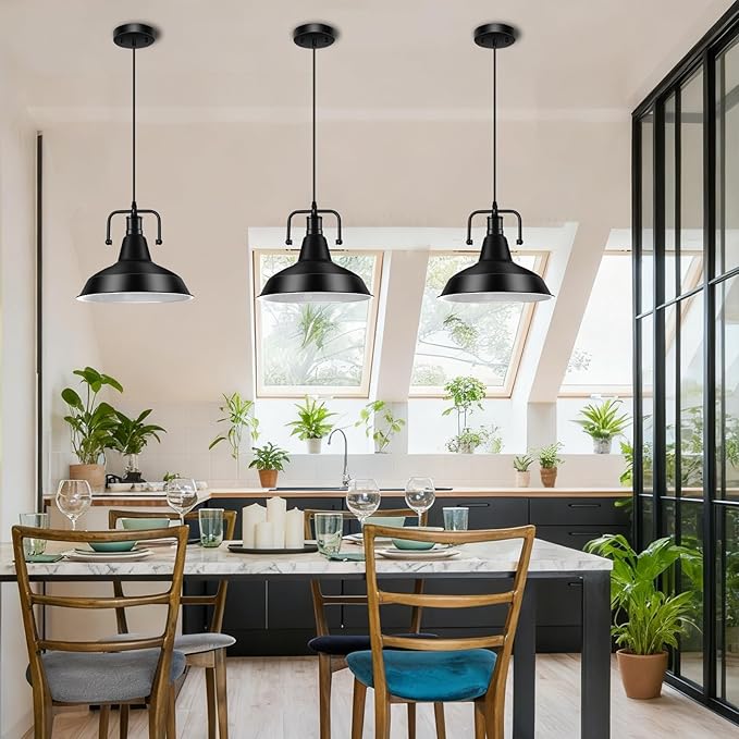 3PCS Farmhouse Pendant Light for Kitchen Island Black Pendant Lights Fixtures with Metal Shade Industrial Barn Hanging Lights for Hallway Kitchen Sink Dining Room Living Room（Bulb not Included）