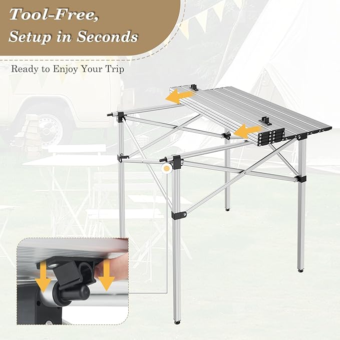 Athena Collection Foldable Camping Table 28 Small Aluminum Outdoor Folding Camp Table with Roll Up Tabletop and Carry Bag Lightweight and Portable for Outdoor Camping Picnic Grilling Silver