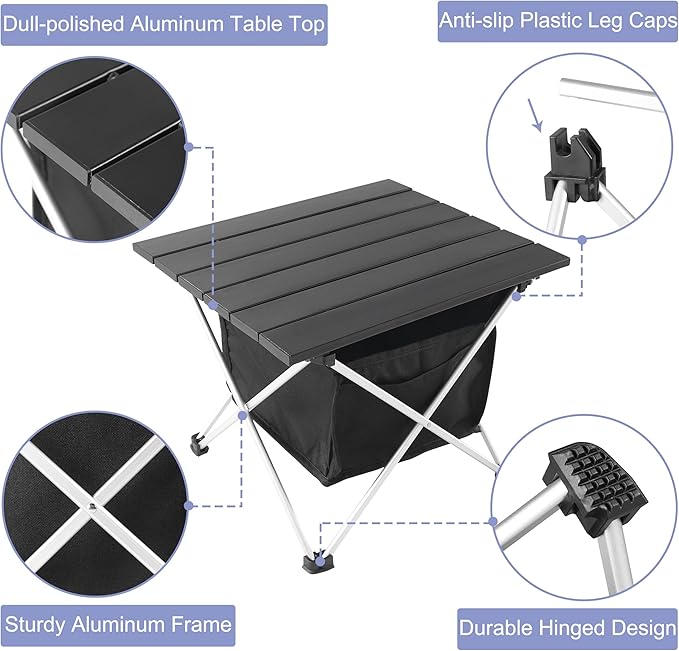 Grope Portable Camping Table Ultralight Aluminum Camp Table with Storage BagBeach Table for Sand with Carrying BagPrefect for OutdoorPicnicBBQCookingFestival (Black with Storage Bag-S)