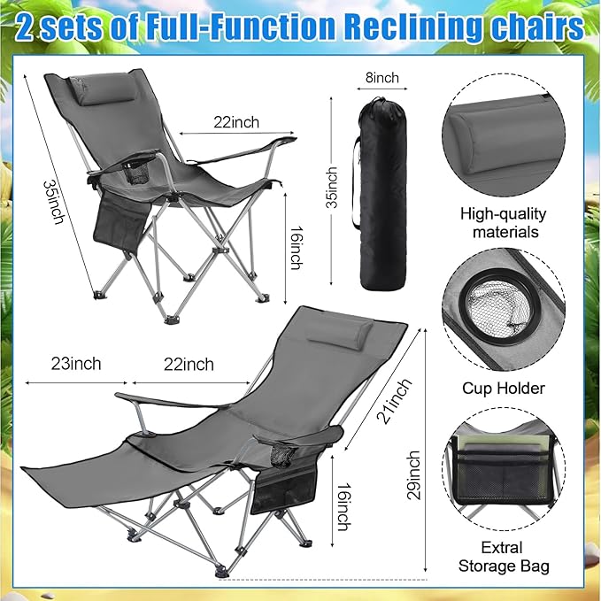 Karenhi 2 Set Beach Camping Chair with Umbrella for Adult Folding Reclining Camping Chair with Foot Rest Adjustable Clamp Canopy Shade for Outdoor Patio Travel Beach (Grey)