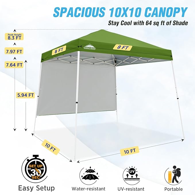 EAGLE PEAK 10x10 Pop Up Canopy Tent with Sidewall Compact Portable Slant Leg Instant Sun Shelter for Beach Sports &amp Camping 10x10 Base 8x8 Top Green