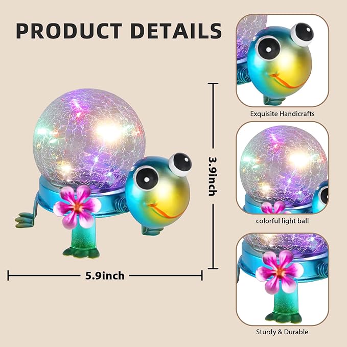 Solar Lights Outdoor Turtle Garden Decor with Crackle Glass Globe Lights - Cute Metal Turtle Statue for Yard Lawn Patio Porch Pathway Tabletop Housewarming Gifts for Mom Women