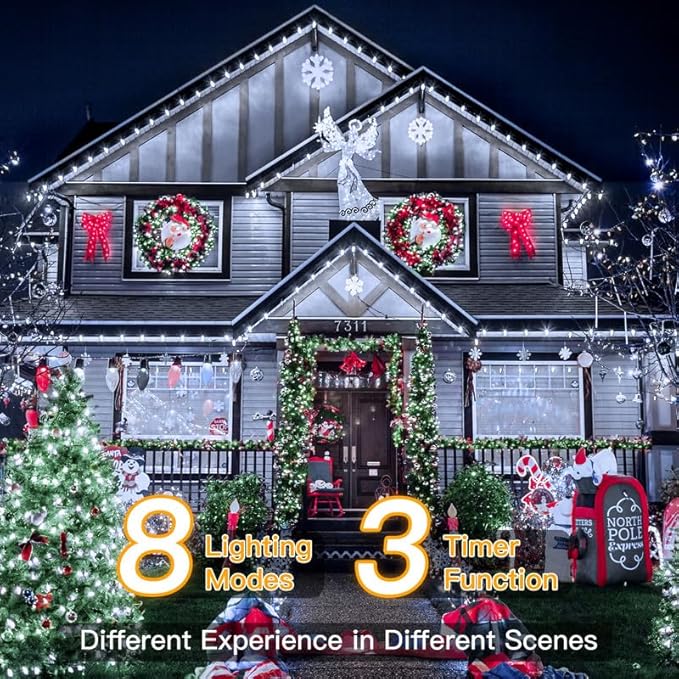 Ollny Christmas Lights 198 FT 600 LED Outdoor Waterproof Plug in Christmas Tree Lights with 8 Modes Remote Timer String Lights for House Yard Outside Indoor Xmas Decorations White