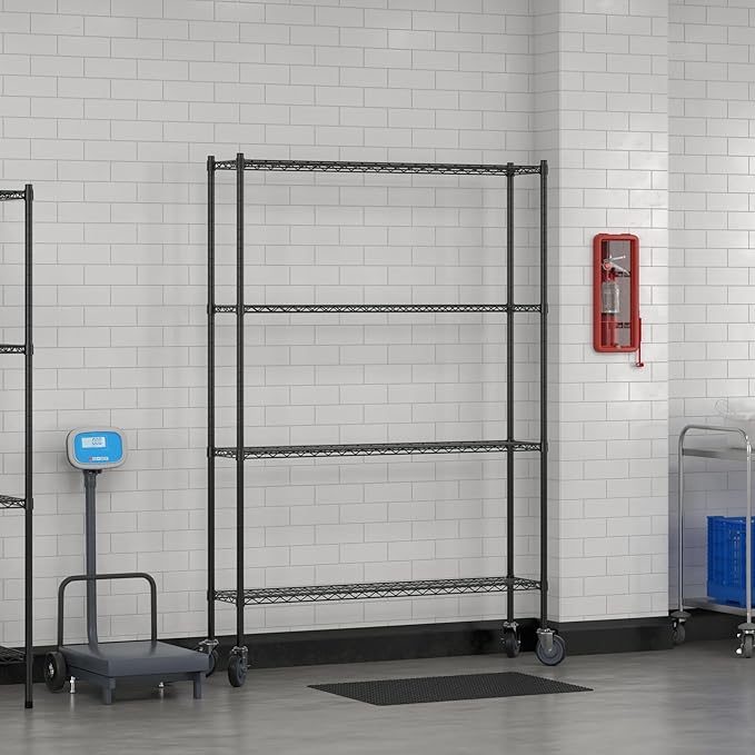 Commercial NSF Listed Black Epoxy Mobile Wire Shelving Kit 12 x 54 x 80 with 4 Shelves Perfect for Warehouse Walk-in Refrigerator Freezer Grocery Store Restaurant Dishroom
