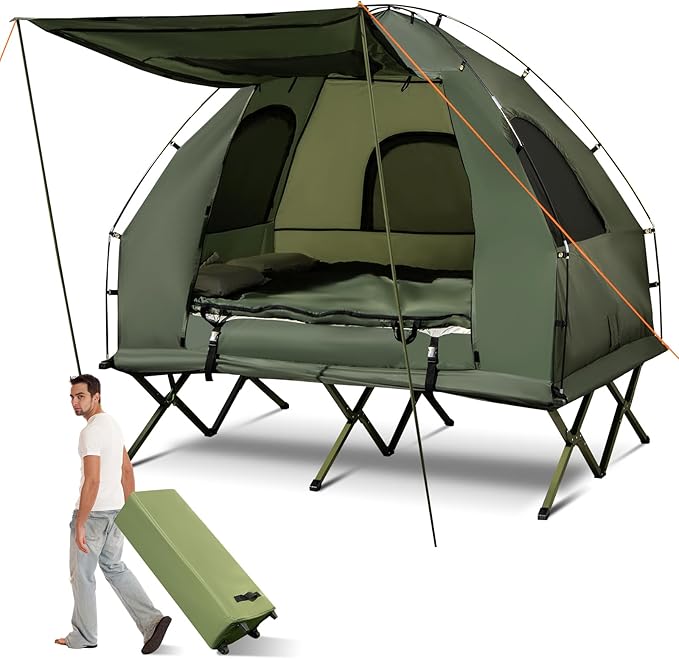 GYMAX Tent Cot 5-in-1 Folding Camping Cot with Mattress &amp Pillows Sleeping Bags Sunshade Camping Tent Elevated with Carrying Bag for Outdoor Hiking Fishing Picnic