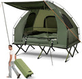 GYMAX Tent Cot 5-in-1 Folding Camping Cot with Mattress &amp Pillows Sleeping Bags Sunshade Camping Tent Elevated with Carrying Bag for Outdoor Hiking Fishing Picnic