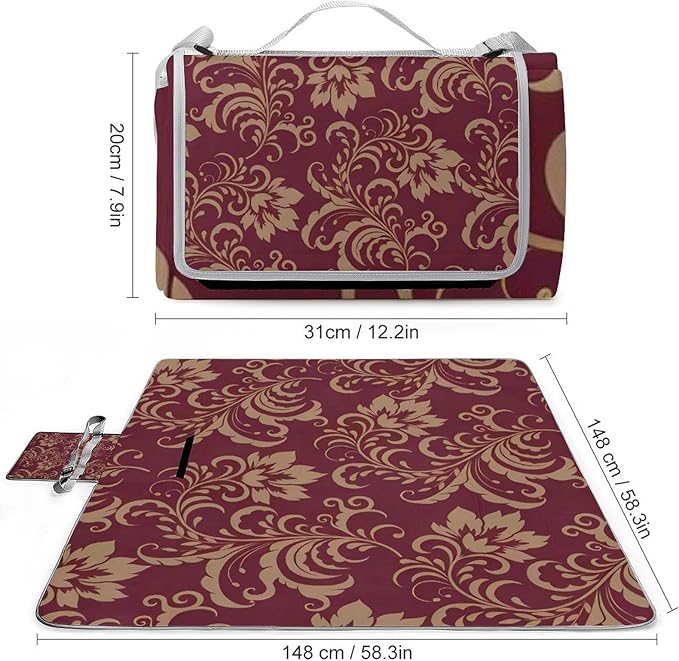 Vintage Victorian Damask Maroon Gold Floral Burgundy Antique Waterproof Outdoor Picnic Blanket Sandproof Beach Mat for Camping Hiking Grass Travelling