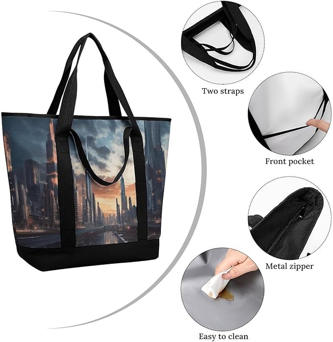 Insulated Shopping BagLarge Reusable Cooler Bags City Scape Printed Foldable Shopping BagTravel Waterproof Shoulder Bag