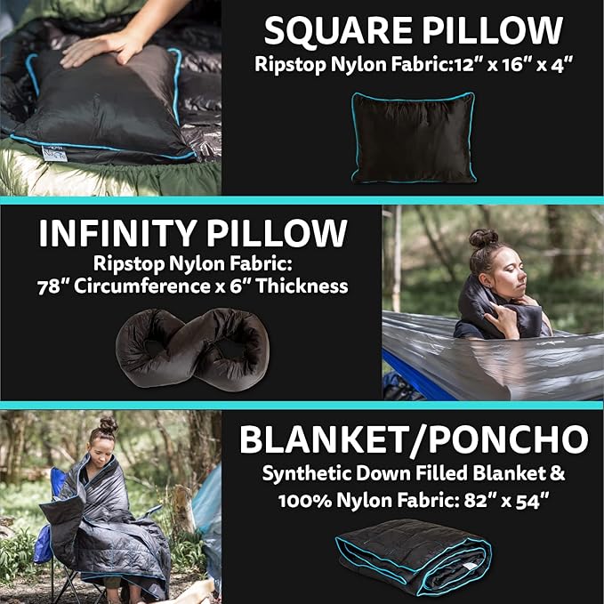 NAPRO Travel Pillow &amp Camping Blanket 3 in 1 Ripstop Nylon Infinity Pillow &amp Square Travel Pillow Cases with 82 X 54 Synthetic Down Filled Blanket/Poncho/Pillow Fill Adventure Black/Turqu
