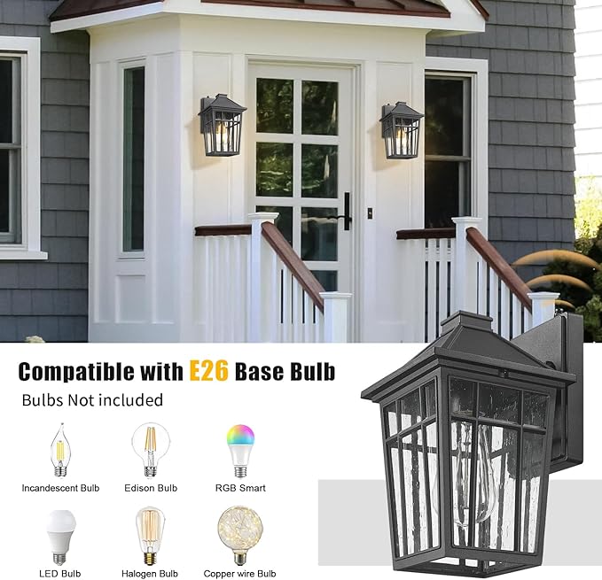 Darkaway Dusk to Dawn Outdoor Wall Lights for House Exterior Lighting Fixtures Wall Mount Porch Lights Waterproof Outdoor Sconce Lights with Seeded Glass for Patio Hallway Garage