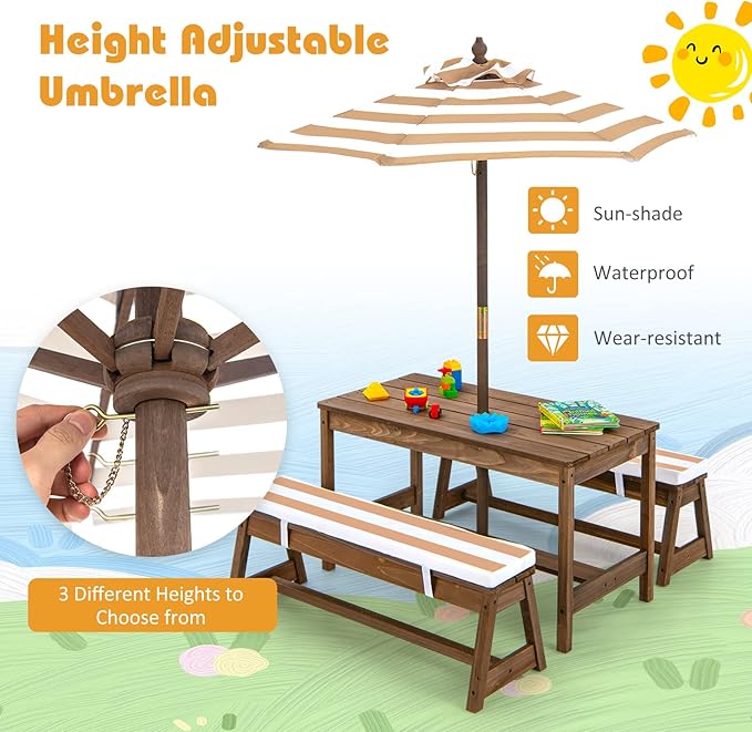 2-in-1 Kids Picnic Table Wooden Kids Outdoor Tables with Removable Umbrella &amp Cushions Fits 4 Children Indoor Outdoor Toddler Picnic Table for Backyard Lawn &amp Patio (Coffee)