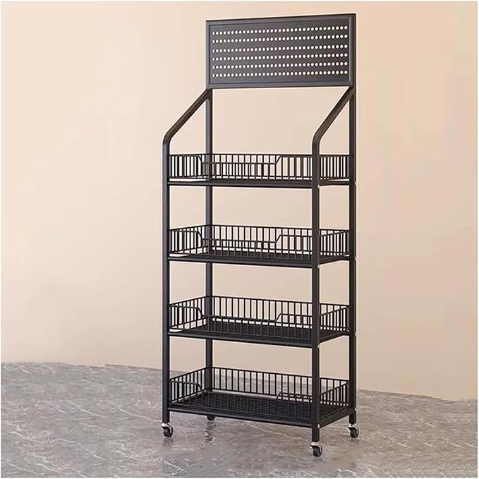 Convenience Store Shelf Cart 4 Tier Supermarket Portable Display Rack for Snacks/Drinks/Can/Toys with Hooks &amp Wheels Commercial Home Carbon Steel Frame Black-4 Tier-50x27x140cm