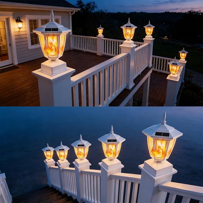 Dynaming 2 Pack Solar Flame Post Lights Outdoor Solar Powered Lamps Fence Post Cap Lights Flickering Flame LED Lantern Waterproof for Garden Deck Patio Fit 4x4 5x5 or 6x6 Wooden Posts White Shell