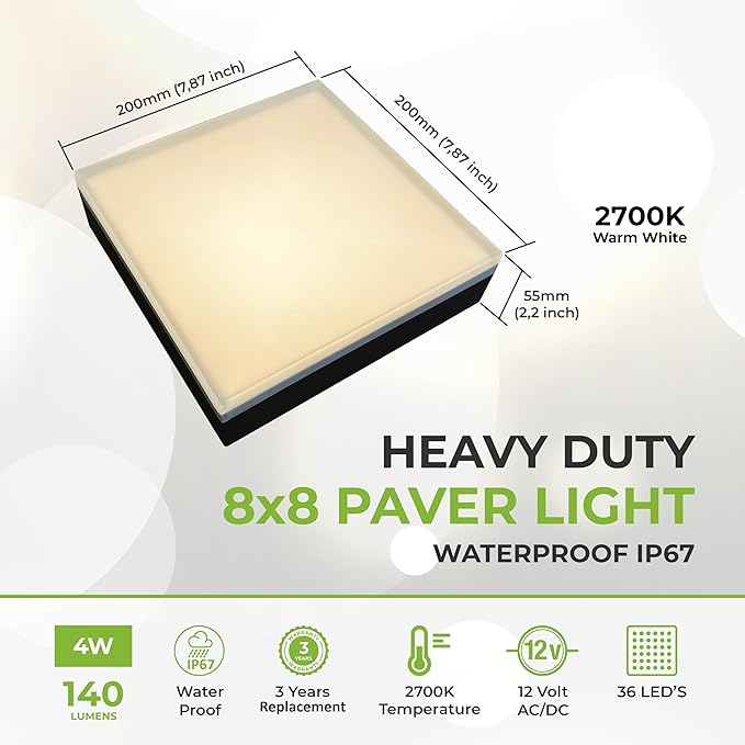 LUMENGY Paver Light 8x8 Inch (7.87x7.87) 2700K Warm White Glare-Free Brick Lighting for Driveways Walkways Pool Decks and Patios 12V Hardwired IP67 Waterproof Drive-Over Rated