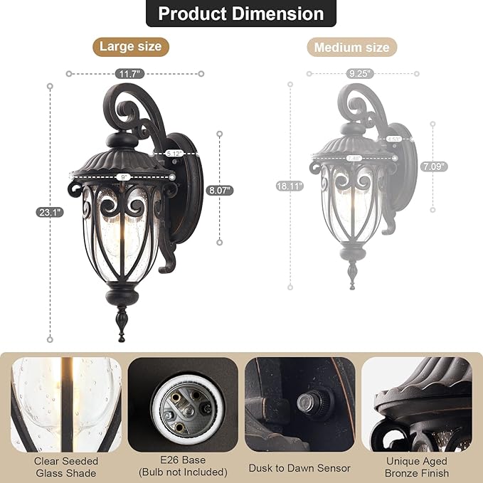 23 Inch Large Dusk to Dawn Outdoor Porch Lights for Garage 2 Pack Bronze Wall Lantern with Photocell Sensor Exterior Wall Light Fixture with Seeded Glass for House Aluminium