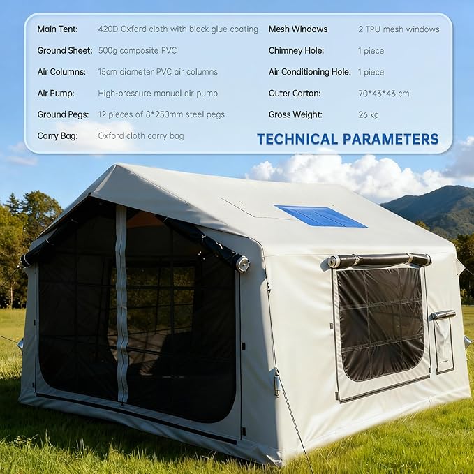 8㎡ Luxury Inflatable Camping Tent for 3-8 People UV-Resistant 4-Season Family Tent with Chimney Port &amp Skylight Oxford Fabric or Tech Cotton – White Tank Gray Aurora Green