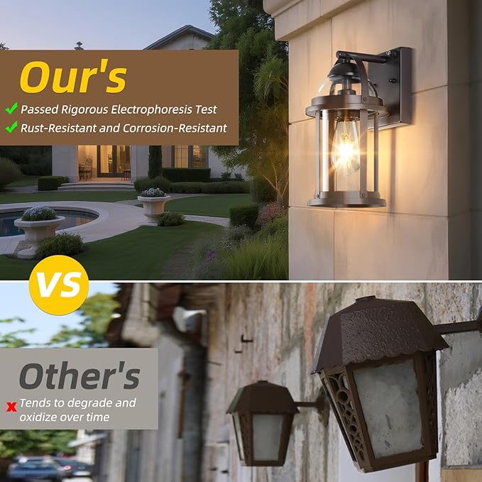 OKELI Dusk to Dawn Outdoor Wall Lights Waterproof Lighting Fixtures Rustic Farmhouse Wall Lanterns with Clear Glass Shades Anti-Rust Outside Lights for Garage Patio Porch(Brown 2 Pack)