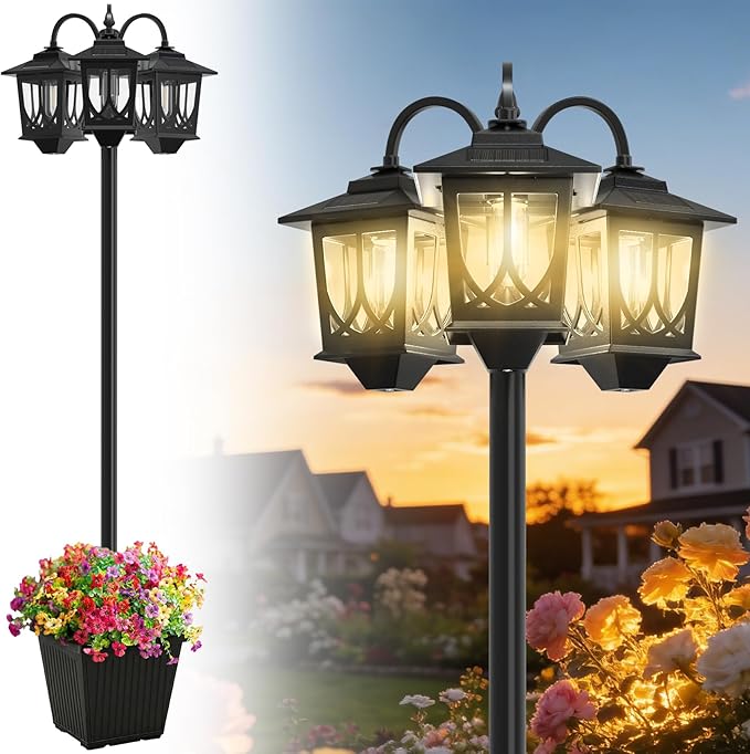 3-Head Solar Lamp Post with Planter 74 Solar Light Flower Pot Lamp Post 60Lm Waterproof Solar Light Poles for Outside Garden Patio Yard Driveway Replaceable Bulb Warm White (3000K)