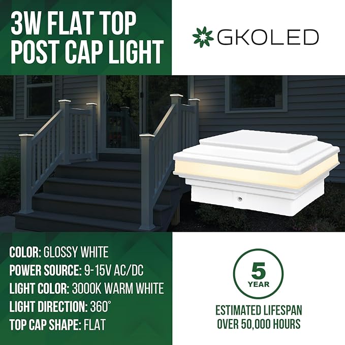 GKOLED Low Voltage Flat Top Post Cap Light 3W 12V AC/DC Outdoor Fence Lighting for 3.5'' x 3.5'' and 4.0’' x 4.0’’ 3000K LED Fence Lights for Landscape Waterproof Die-cast Aluminum Top White