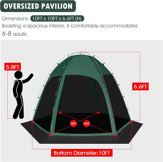 Screen Tent with Removable Floor Siebwin 10'x10' Six-Sided Gazebos with Mosquito Netting Sunproof Outdoor Canopy Tent for 4-6 People Family Backyard Party Outside Activities Green