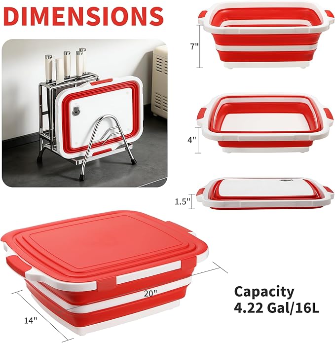 Collapsible BBQ Prep Tub for Meal Prep MarinatingFood Storage picnics camping barbecuescutting fruits and vegetables - Includes Cutting Board and Locking Lid(X-Large) Red
