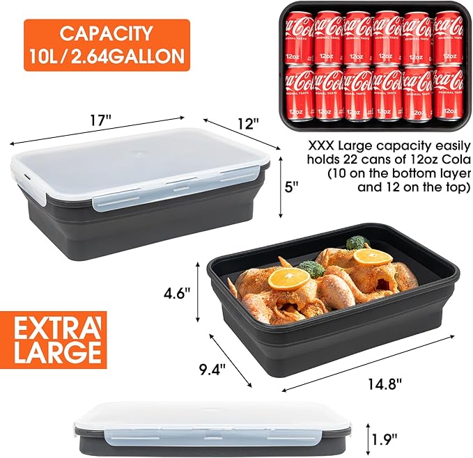 Silicone Collapsible Marinating Container with Lid for Meat 2.64Gal/10L Extra Large Collapsible BBQ Prep Tub Transparent Locking Lid XL Grill Prep Trays and Carry System BBQ Must-Have Black