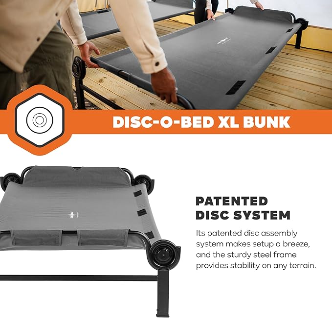 Disc-O-Bed XL Outdoor Modular 2 Person Double Camping Cot Portable Bed with 2 Height Options for Adults Sleep Solution for Tents Grey