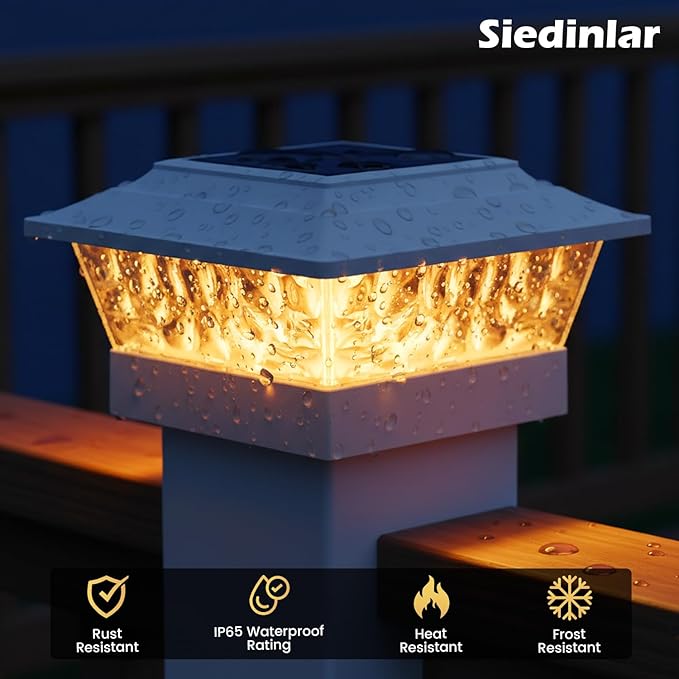 SIEDiNLAR Solar Post Lights Outdoor 12 LEDs 4 Modes Post Cap Light for 4x4 5x5 6x6 Vinyl Wooden Deck Fence Posts Garden Patio Decor Warm/Cool White Dynamic Lighting (6 Pack White)