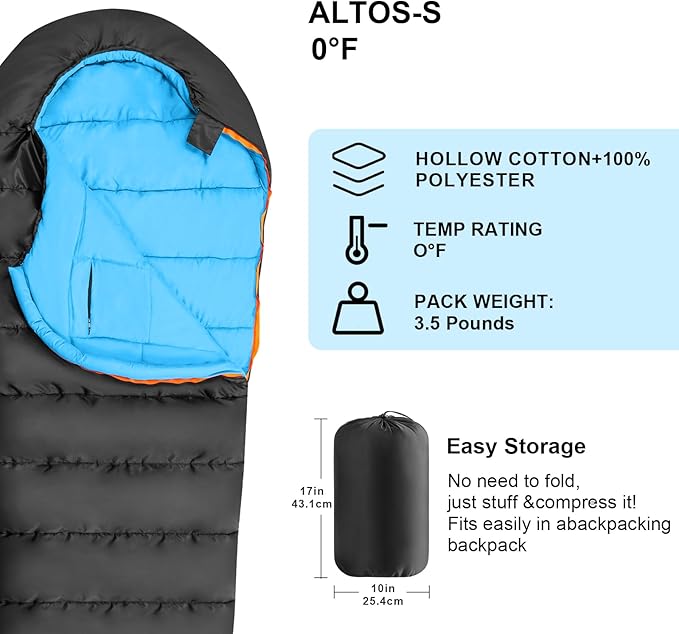 KAMPKEEPER Mummy Sleeping Bag Cold Weather Camping Sleeping Bag 32℉ 3-4 Seasons Adults Sleeping Bag Non-Snag Zipper with Adjustable Hood for Backpacking Hiking