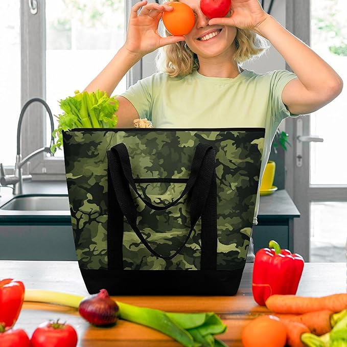 Insulated Shopping BagLarge Reusable Cooler Bags Camo Woodland Camoflage Printed Foldable Shopping BagTravel Waterproof Shoulder Bag