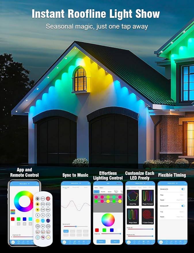 Permanent Outdoor Lights 250FT RGBIC LED Smart LED Lights App/Remote Control IP68 Waterproof for Holiday Decor 50 Scene Modes DIY Lights Color Lighting Timing for Christmas Halloween Party