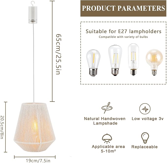 JHY DESIGN Set of 2 Battery Powered Lamp 8 H Braided Cotton Rope Decorative Pendant Lamp Battery Light with 6 Hours Timer for Bar Bedroom Patio Indoor Outdoor Living Room