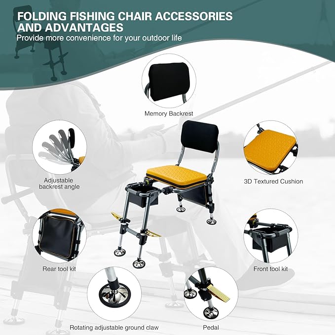 Upgraded All Terrain Foldable Fishing ChairU-Shaped Adaptive Design Adult Fishing Chair with FootrestOutdoor Camping Chair with Legs Adjustable (Yellow)