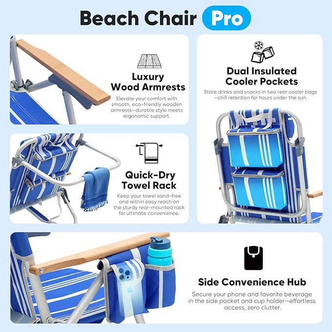 Sekey Aluminum Beach Chair for Adults with 5-Position Classic Lay Flat Lightweight Folding Backpack Beach Chair with 2 Cooler Bag Towel Bar Cup Holder &amp Phone Holder for Outdoor Camping Lawn