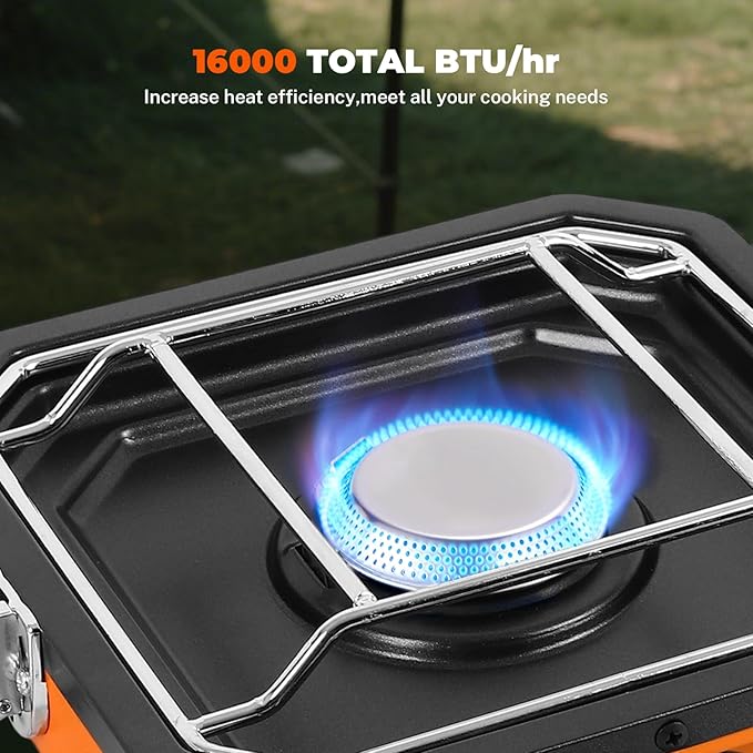 Dollate 2-Burner Propane Stove with Griddle and Carrying Bag Portable Foldable Camping Stove with 2 Adjustable Burners 16000 BTUsfor Camping Tailgating Essentials Gear (Orange)