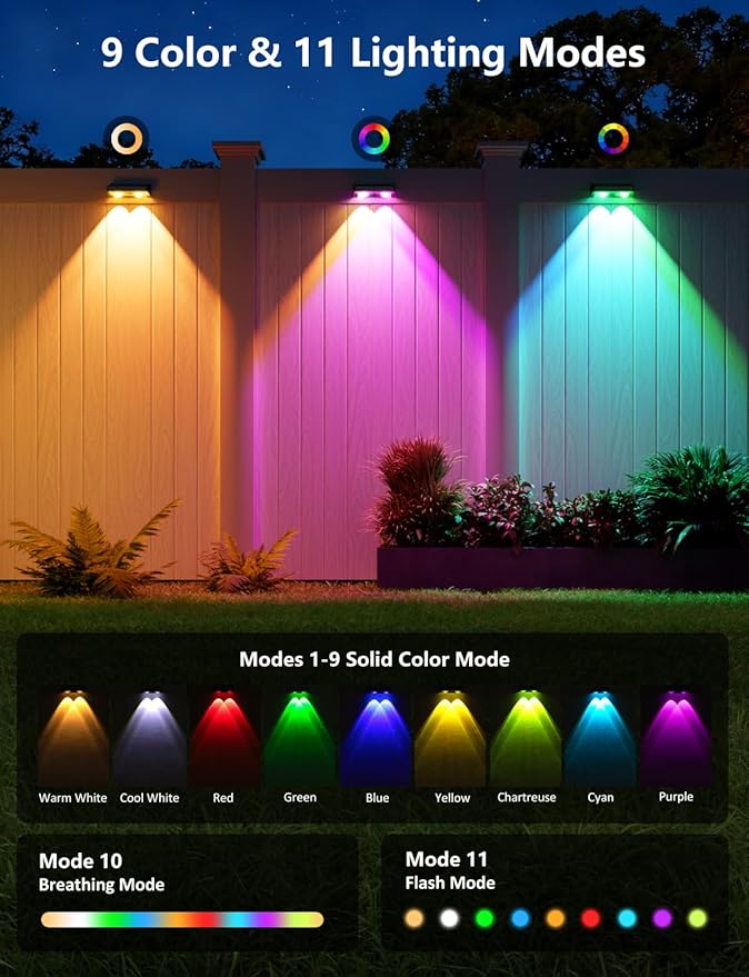 Solar Fence Lights 8 Pack 9 Colors &amp 11 Lighting Modes Solar Wall Lights Outdoor Waterproof IP65 RGB Color Changing Fence Lights Solar Powered for Garden Yard Patio Deck Step Patio Wall