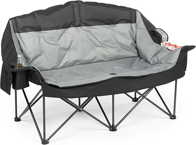 Heavy Duty Double Camping Chair for Adults Oversized 2 Person Camping Loveseat with Thick Padding Folding Outdoor Couch Supports Up to 600 lbs for Family Camping Stargazing Fishing Black &amp Gre