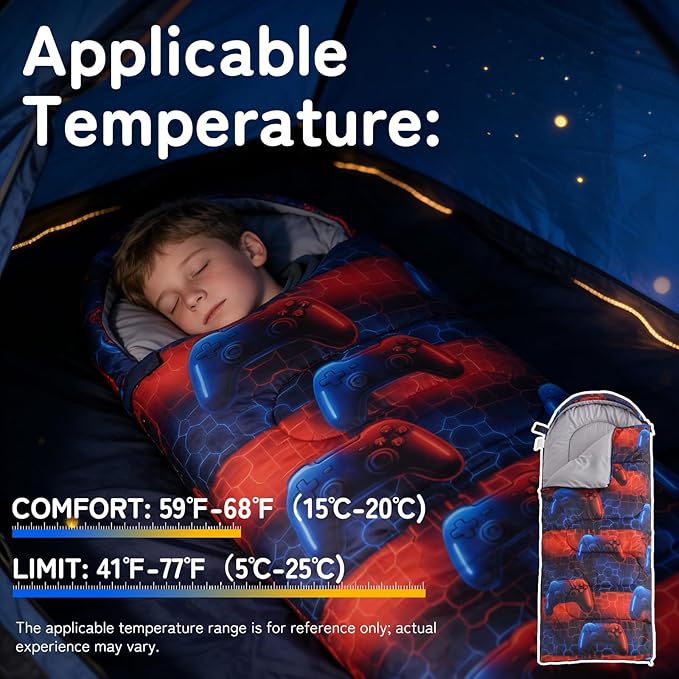 tuphen Kids Sleeping Bag - 50-77℉ 3-Season Waterproof Sleeping Bag for Boys &amp Girls Lightweight 2.2 lbs Camping Gear with Compression Bag Ideal for Camping Hiking Indoor