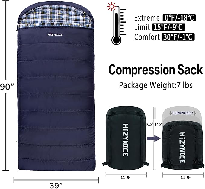 Cold Weather Sleeping Bag 100% Cotton Flannel XXL for Adults Big and TallFree Compression Sack
